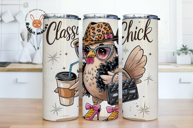 Classy Chick 20oz Skinny Tumbler Wrap, Chic Digital Download, Seamless PNG Design, Glamorous Bird Tumbler Wrap, Cute Coffee Bird Sublimation Rabbitmakies 