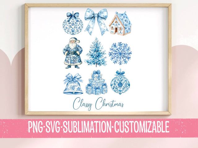 Classy Christmas - Elegant Holiday PNG SVG - Blue and White Decor, Snowflake, Santa, Ornaments, Tree, Bow, Gift Boxes, CLASSY and CHIC SVG YaySportsandSuch 