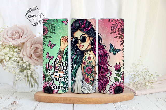 Classy with a Savage Side Tumbler PNG, Colorful Butterfly Tumbler, Floral Design Tumbler Sublimation sassyprint 