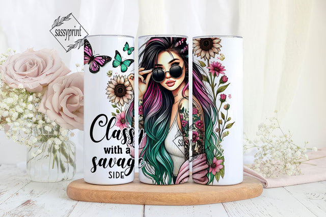 Classy with a Savage Side Tumbler PNG, Colorful Butterfly Tumbler, Floral Design Tumbler Sublimation sassyprint 