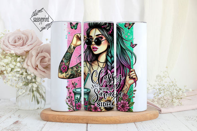 Classy with a Savage Side Tumbler PNG, Colorful Butterfly Tumbler, Floral Design Tumbler Sublimation sassyprint 