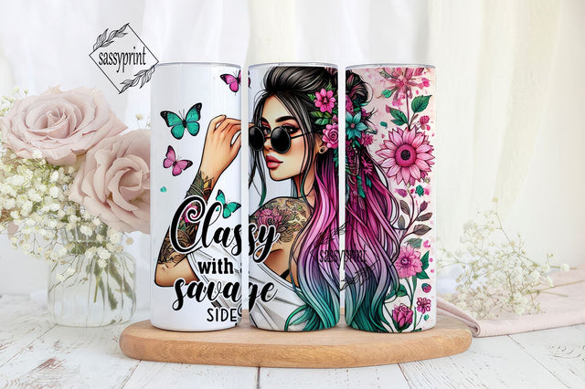 Classy with a Savage Side Tumbler PNG, Colorful Butterfly Tumbler, Floral Design Tumbler Sublimation sassyprint 