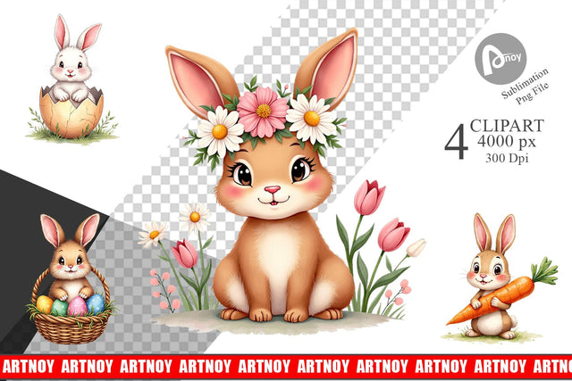 Clipart Adorable Fluffy Easter Bunnies Watercolor Sublimation artnoy 
