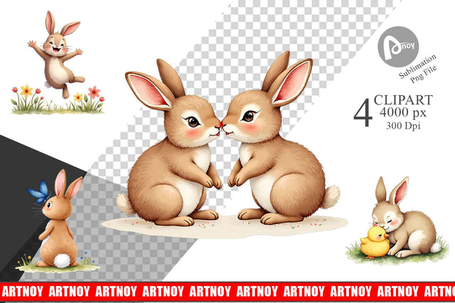Clipart Adorable Fluffy Easter Bunnies Watercolor Sublimation artnoy 