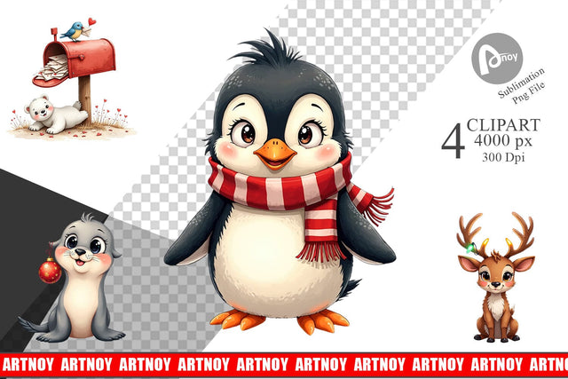 Clipart Arctic Antics Holiday Vintage Polar Animals Sublimation artnoy 