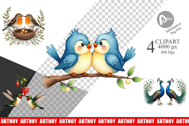 Clipart Avian Affection Watercolor Bird Couples Sublimation artnoy 