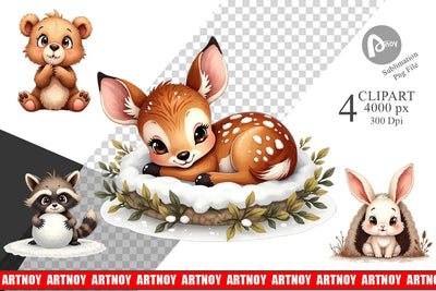 Clipart Baby Forest Animals Winter Watercolor Sublimation artnoy 