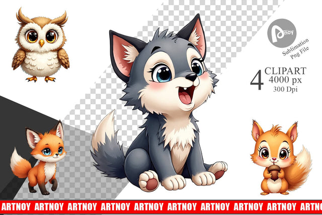 Clipart Baby Forest Animals Winter Watercolor Sublimation artnoy 