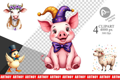Clipart Barnyard Bash Farm Animals Mardi Gras Sublimation artnoy 