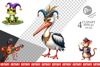 Clipart Bayou Jazz Mardi Gras Animals Watercolor Sublimation artnoy 