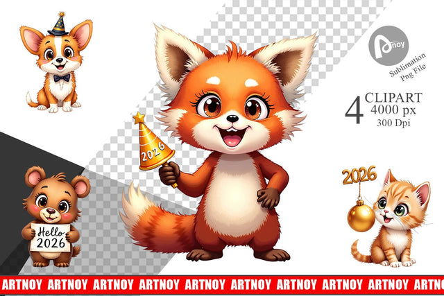 Clipart Big-Eyed New Year's Animal Party 2026 Sublimation artnoy 