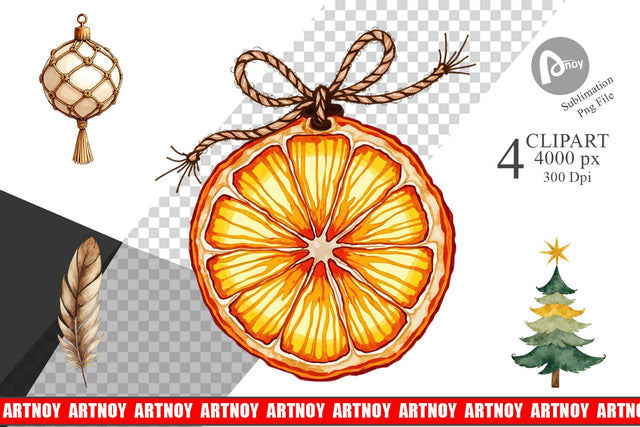 Clipart Boho Chic Watercolor Christmas & Ornaments Sublimation artnoy 