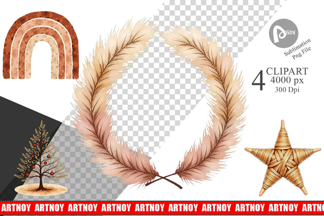 Clipart Boho Chic Watercolor Christmas & Ornaments Sublimation artnoy 