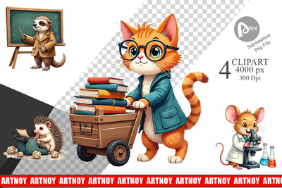 Clipart Brainy Buddies Scholarly Animals Watercolor Sublimation artnoy 