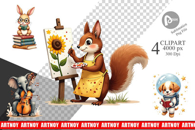 Clipart Brainy Buddies Scholarly Animals Watercolor Sublimation artnoy 