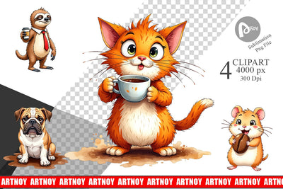 Clipart Caffeinated Chaos Grumpy Animal Watercolors Sublimation artnoy 