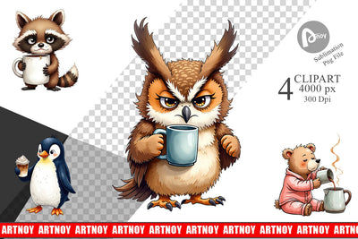 Clipart Caffeinated Chaos Grumpy Animal Watercolors Sublimation artnoy 