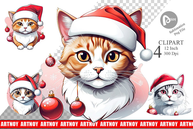 Clipart Cat with Santa Hat Sublimation artnoy 