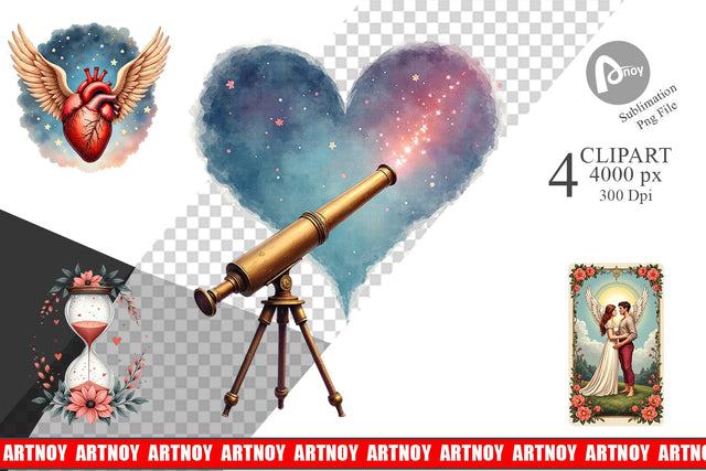 Clipart Celestial Love & Vintage Valentine Watercolor Sublimation artnoy 