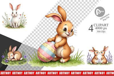 Clipart Classic Easter Bunnies in the Meadow Watercolor Sublimation artnoy 