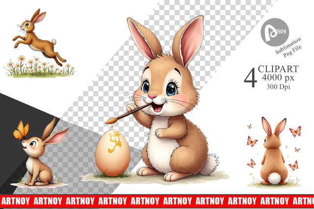 Clipart Classic Easter Bunnies in the Meadow Watercolor Sublimation artnoy 