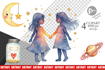 Clipart Cosmic Love Celestial Valentine Watercolor Art Sublimation artnoy 