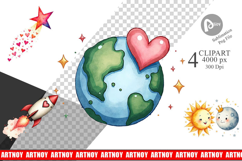 Clipart Cosmic Love Celestial Valentine Watercolor Art Sublimation artnoy 
