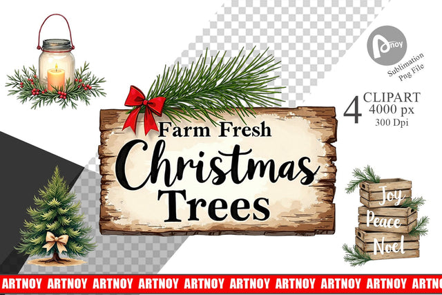 Clipart Cozy Farmhouse Christmas Decor Watercolor Sublimation artnoy 