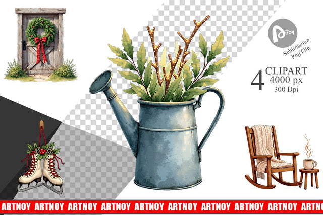 Clipart Cozy Farmhouse Christmas Decor Watercolor Sublimation artnoy 