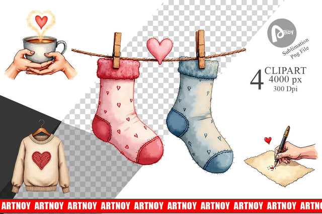 Clipart Cozy Valentine Moments Watercolor Illustrations Sublimation artnoy 