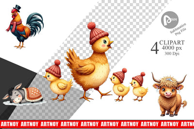 Clipart Cozy Winter Farm Friends Watercolor Sublimation artnoy 