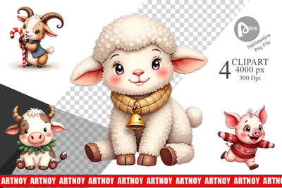Clipart Cozy Winter Farm Friends Watercolor Sublimation artnoy 