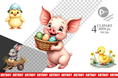 Clipart Cute Baby Farm Animals Easter Watercolor Sublimation artnoy 