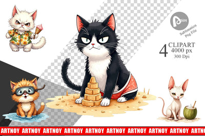 Clipart Cynical Summer Cats Watercolor Sublimation artnoy 