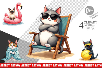 Clipart Cynical Summer Cats Watercolor Sublimation artnoy 