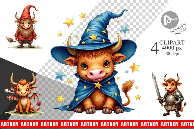 Clipart Enchanted Highland Cows UglyCute Fantasy Watercolor Sublimation artnoy 