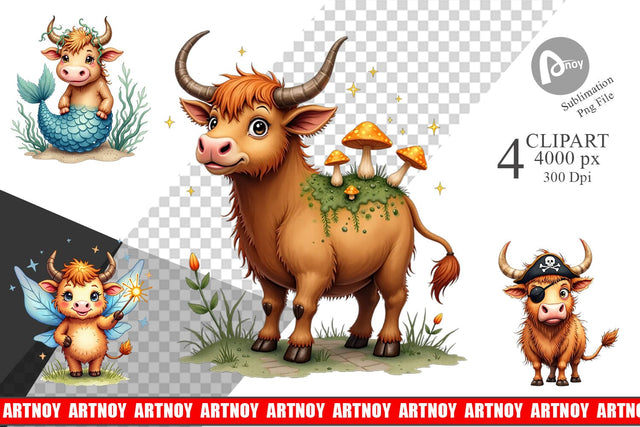Clipart Enchanted Highland Cows UglyCute Fantasy Watercolor Sublimation artnoy 