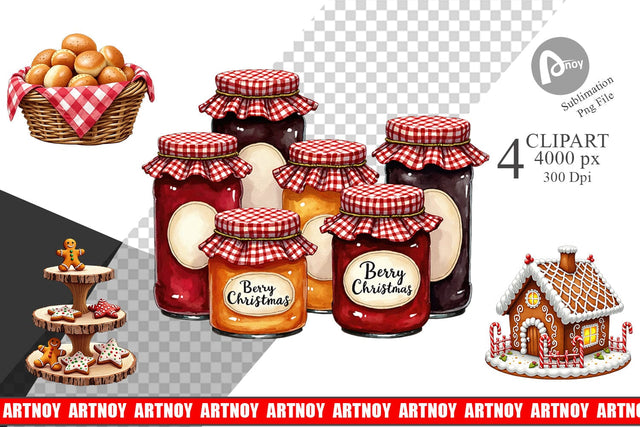 Clipart Farmhouse Christmas Kitchen Watercolor Sublimation artnoy 
