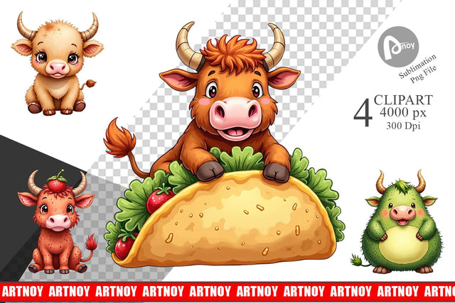 Clipart Foodie Highland Cow UglyCute Watercolor Treats Sublimation artnoy 