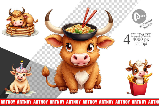 Clipart Foodie Highland Cow UglyCute Watercolor Treats Sublimation artnoy 
