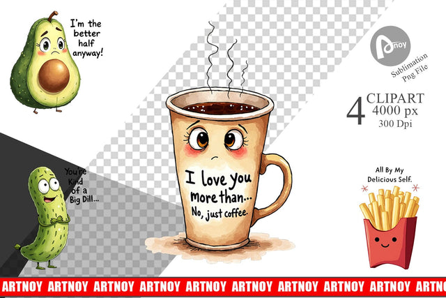 Clipart Funny Food Puns Valentine Sarcastic Love Bites Watercolor Sublimation artnoy 