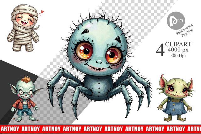 Clipart Halloween Characters Watercolor Sublimation artnoy 