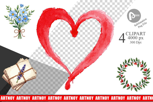 Clipart Handmade Valentine Blooms & Notes Watercolor Sublimation artnoy 