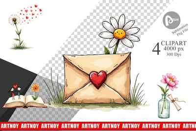 Clipart Handmade Valentine Blooms & Notes Watercolor Sublimation artnoy 