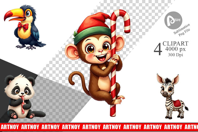 Clipart Jungle Jingle Safari Vintage Christmas Animals Sublimation artnoy 