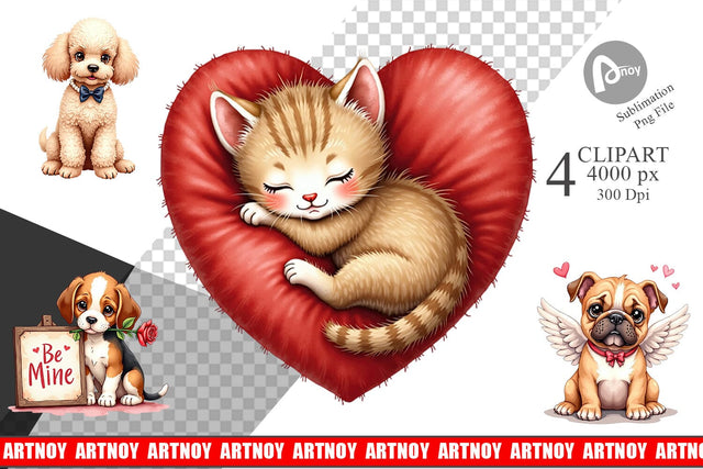 Clipart Kitsch Valentine's Pets Retro Puppy & Kitten Sublimation artnoy 