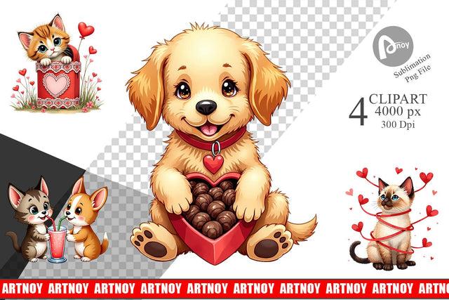 Clipart Kitsch Valentine's Pets Retro Puppy & Kitten Sublimation artnoy 