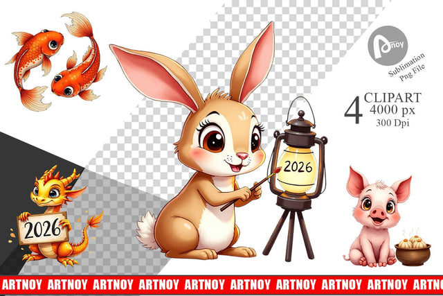 Clipart Lunar New Year Cuties 2026 Watercolor Sublimation artnoy 