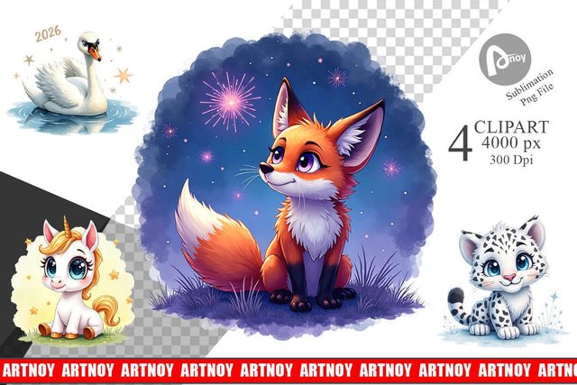 Clipart Magical Midnight Celebration 2026 Animals Sublimation artnoy 