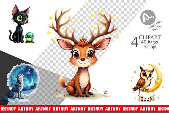 Clipart Magical Midnight Celebration 2026 Animals Sublimation artnoy 